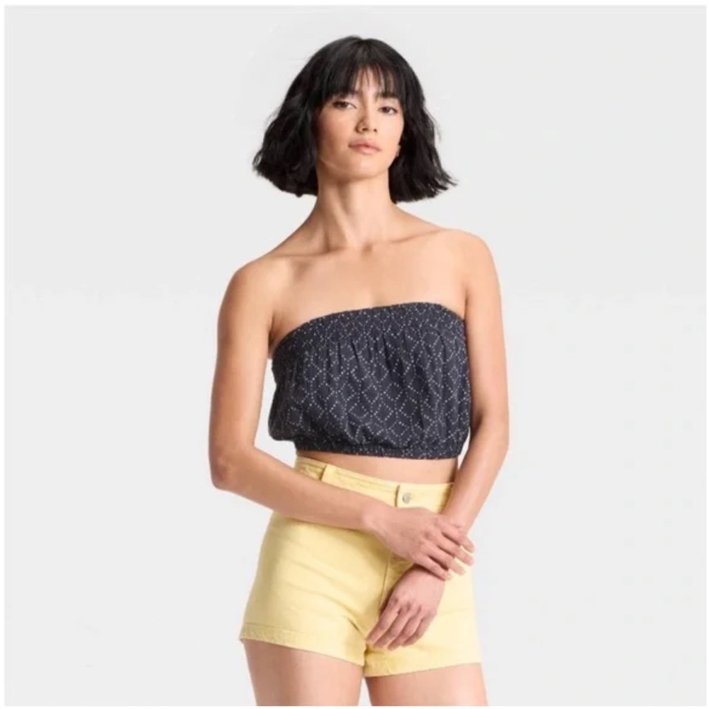 Universal Thread 100% Cotton Crinkle Gauze Navy Geometric Strapless Top Small